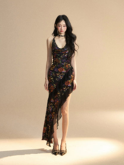 Shao Ye Yan Wine Smoked Wild Rose French Floral Suspender Dress Women's Summer Waist Slim Chiffon Fishtail Skirt Long Skirt