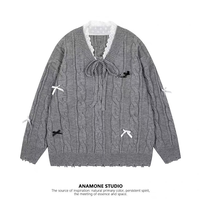 ANAMONE Japanese sweet lace splicing sweater female 2025 winter v-neck bow design niche