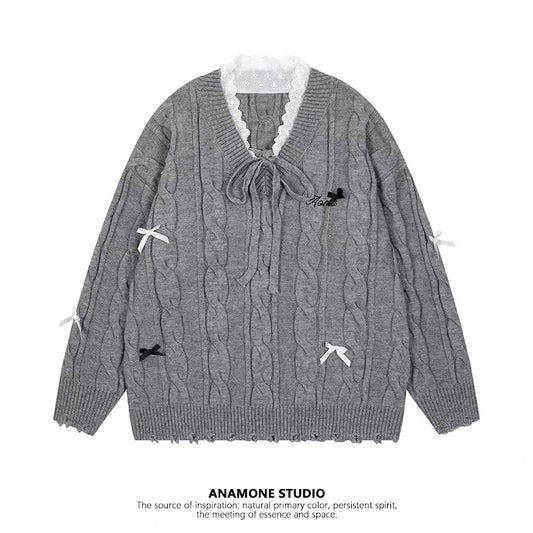 ANAMONE Japanese sweet lace splicing sweater female 2025 winter v-neck bow design niche