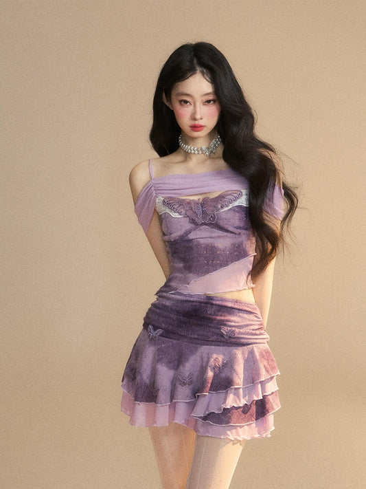 Shaoye Black Tailed Butterfly Summer Seaside Two-piece Suit Women's Summer Short-sleeved Embroidered Hottie Top Purple Short Skirt