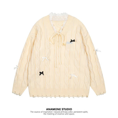ANAMONE Japanese sweet lace splicing sweater female 2025 winter v-neck bow design niche