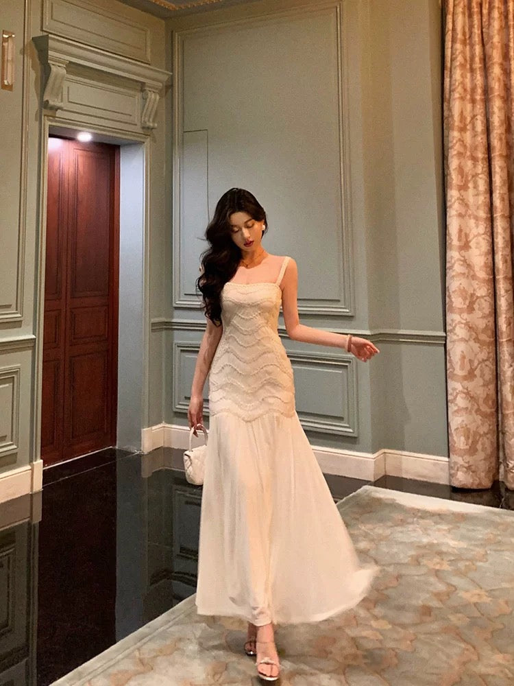 Ge Fuwen New Chinese style niche suspender dress female mesh splicing design waist slim temperament long skirt