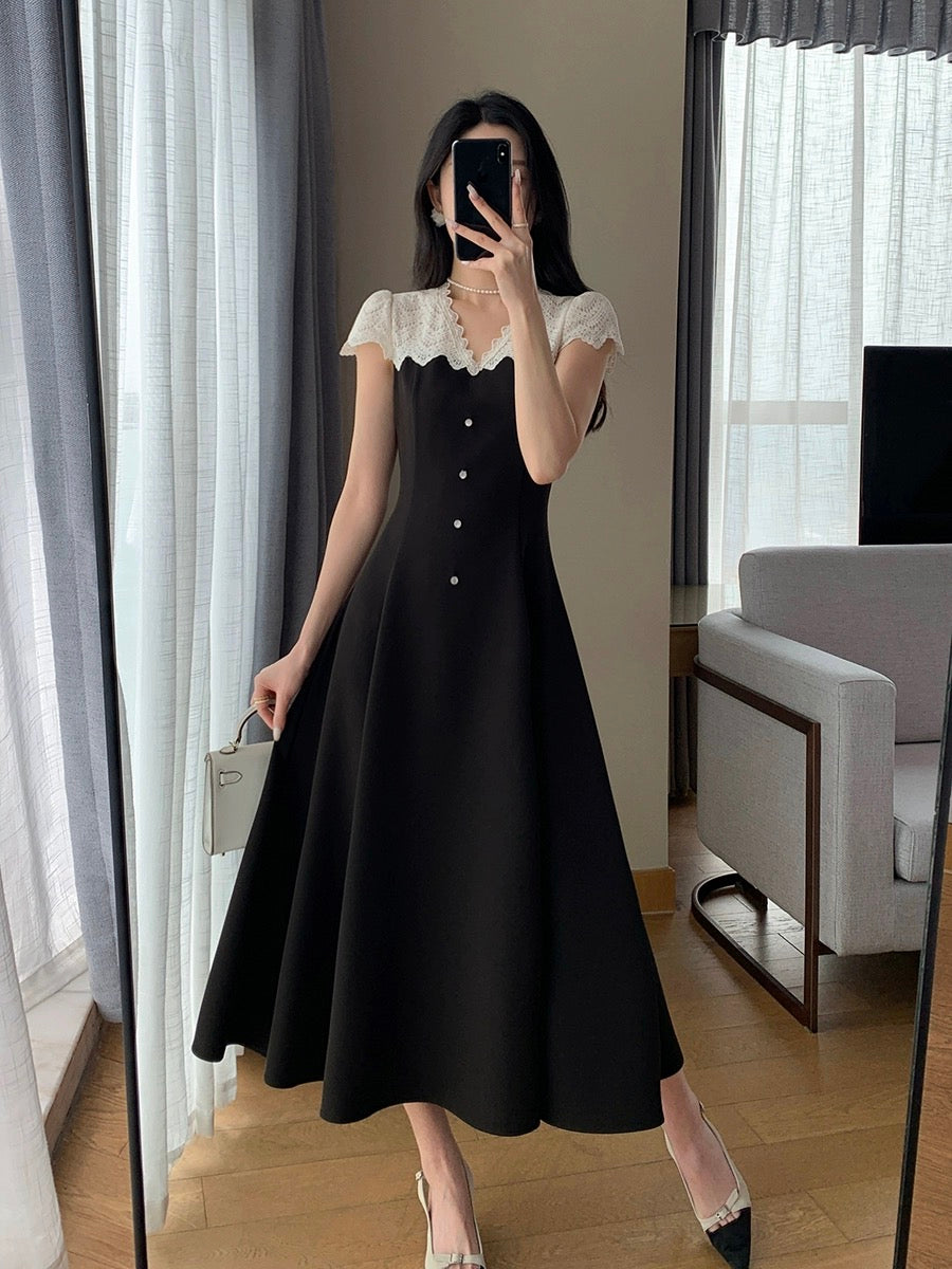 FT GUOGE black dress women's 2024 summer new French retro waist slimming Hepburn style little black dress