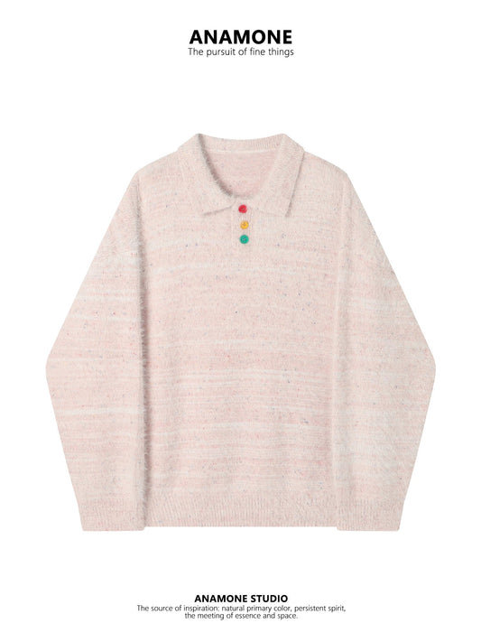 Pink sweet cool mohair sweater women's autumn and winter casual milk striped loose lazy style knitted polo collar top