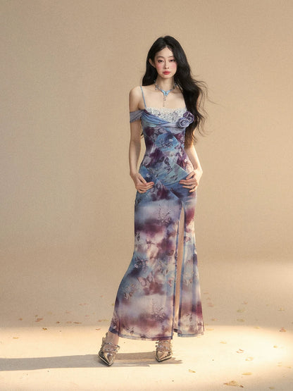 Shao Ye Yan beauty ambition blue ink painting French suspender dress female summer waist slim lace long skirt