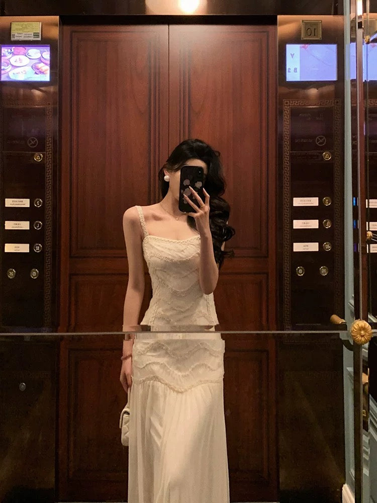 Ge Fuwen New Chinese style niche suspender dress female mesh splicing design waist slim temperament long skirt