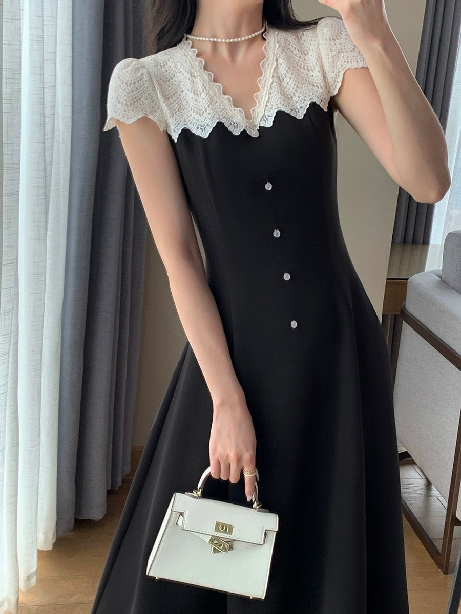 FT GUOGE black dress women's 2024 summer new French retro waist slimming Hepburn style little black dress