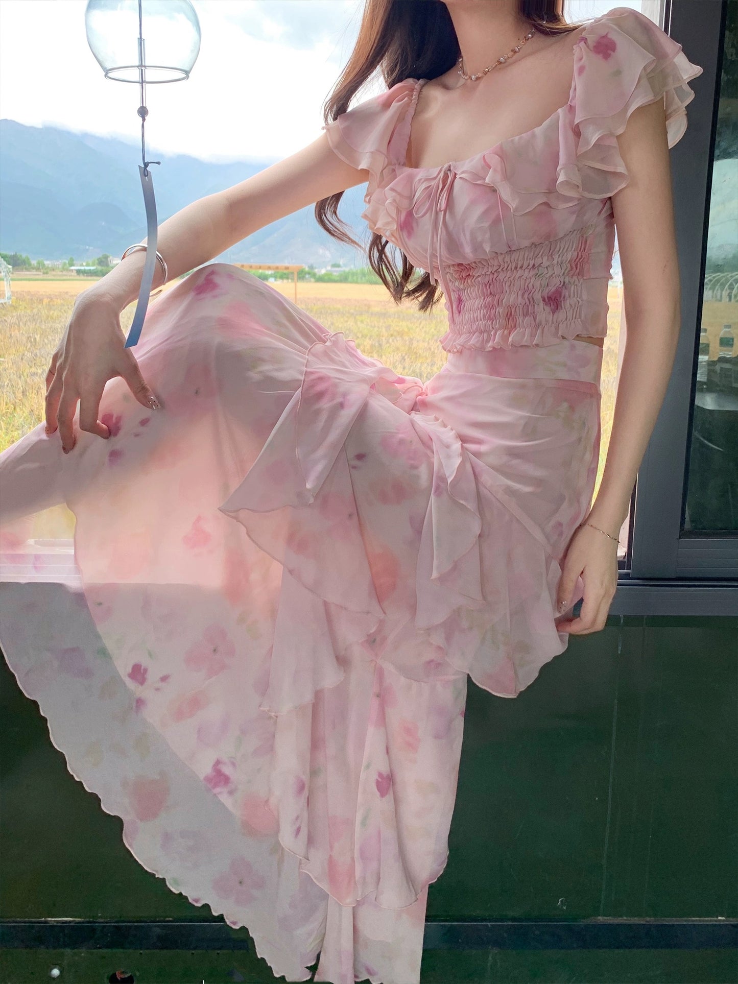 PartyYan Rose Love Fairy Holiday French Floral Chiffon Gentle Temperament High Waist Slim Suit for Women