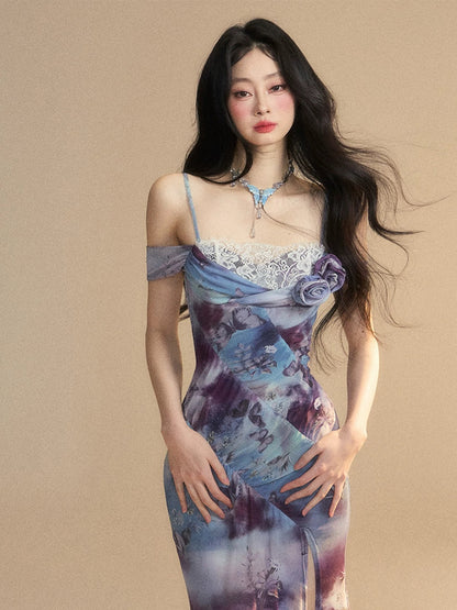 Shao Ye Yan beauty ambition blue ink painting French suspender dress female summer waist slim lace long skirt
