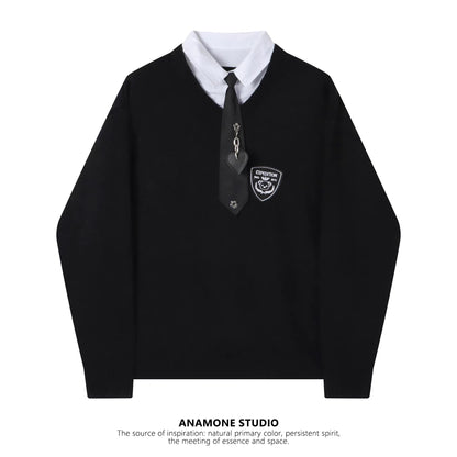 College style shirt splicing fake two-piece sweater women's autumn and winter loose lazy style retro tie American knitted top