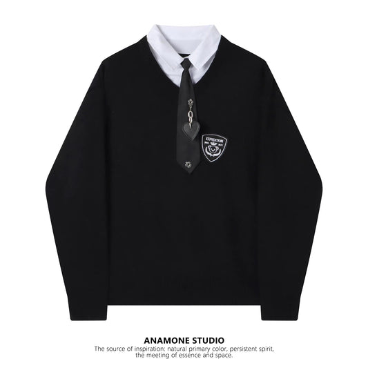 College style shirt splicing fake two-piece sweater women's autumn and winter loose lazy style retro tie American knitted top