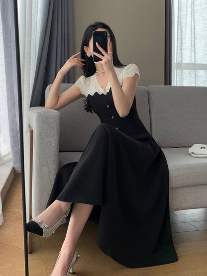 FT GUOGE black dress women's 2024 summer new French retro waist slimming Hepburn style little black dress