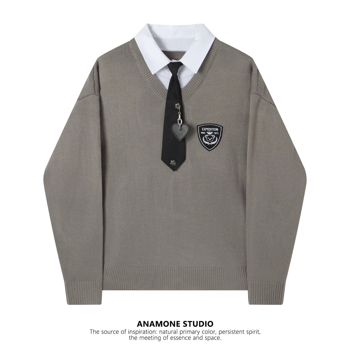 College style shirt splicing fake two-piece sweater women's autumn and winter loose lazy style retro tie American knitted top