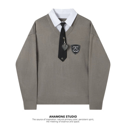 College style shirt splicing fake two-piece sweater women's autumn and winter loose lazy style retro tie American knitted top
