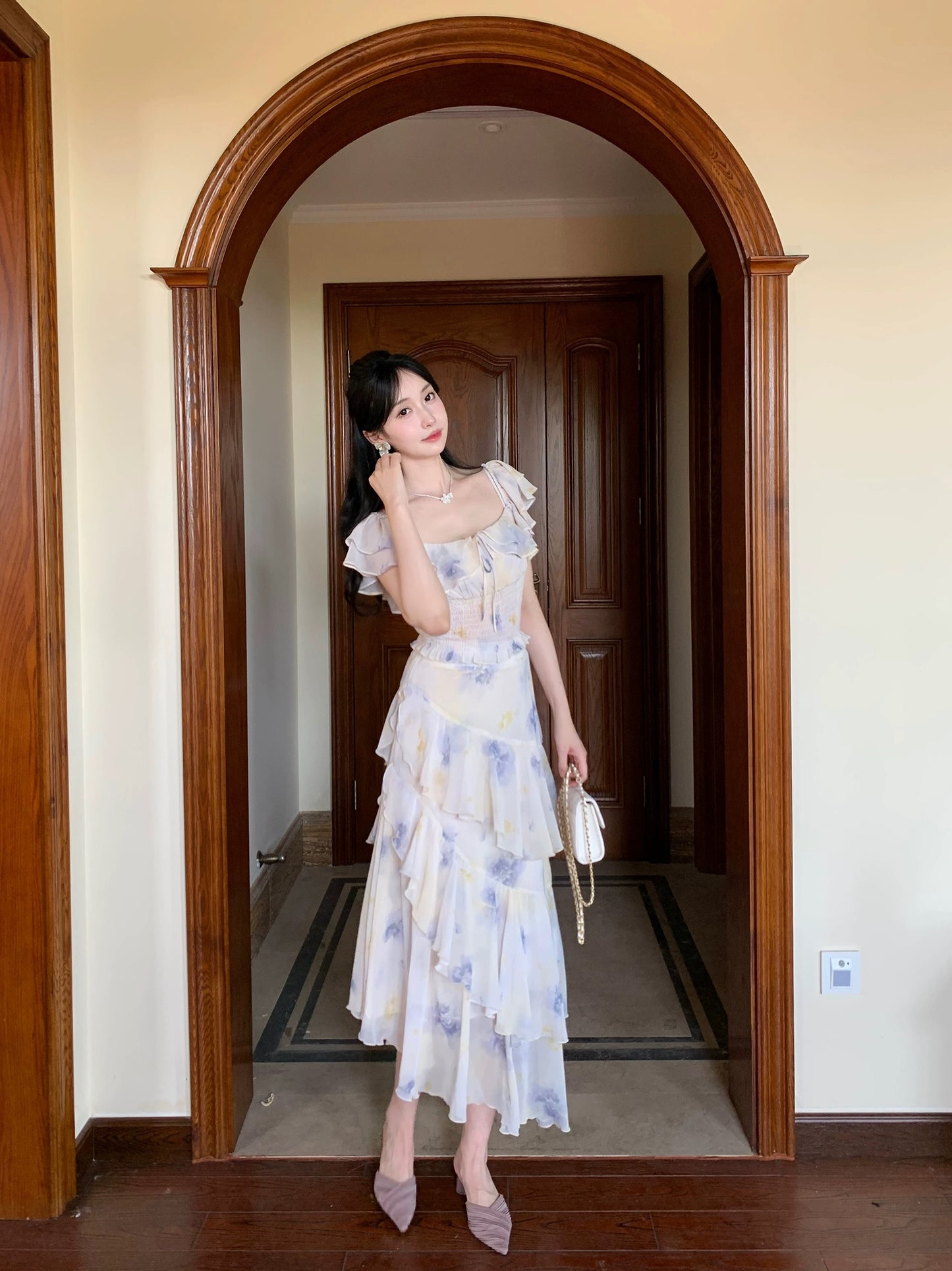 PartyYan Rose Love Fairy Holiday French Floral Chiffon Gentle Temperament High Waist Slim Suit for Women
