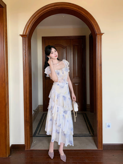 PartyYan Rose Love Fairy Holiday French Floral Chiffon Gentle Temperament High Waist Slim Suit for Women