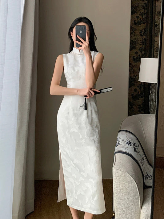 Guo Ge's White Dress Women's 2024 Summer New Style Super Beautiful New Chinese Style Sleeveless Slim Jacquard Improved Cheongsam