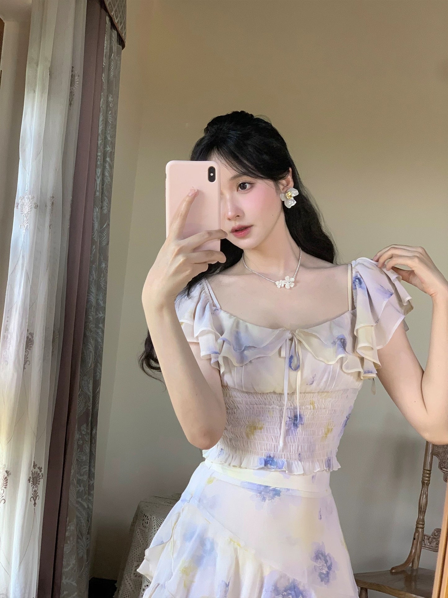 PartyYan Rose Love Fairy Holiday French Floral Chiffon Gentle Temperament High Waist Slim Suit for Women