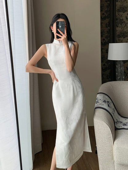 Guo Ge's White Dress Women's 2024 Summer New Style Super Beautiful New Chinese Style Sleeveless Slim Jacquard Improved Cheongsam