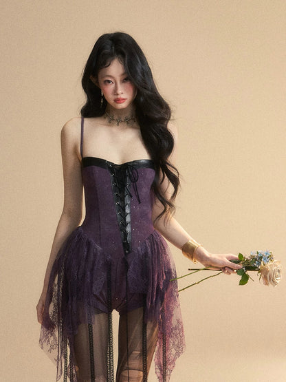 Shao Yeyan Norwegian Manor one-shoulder French lace suspender dress female summer waist slimming sexy short skirt