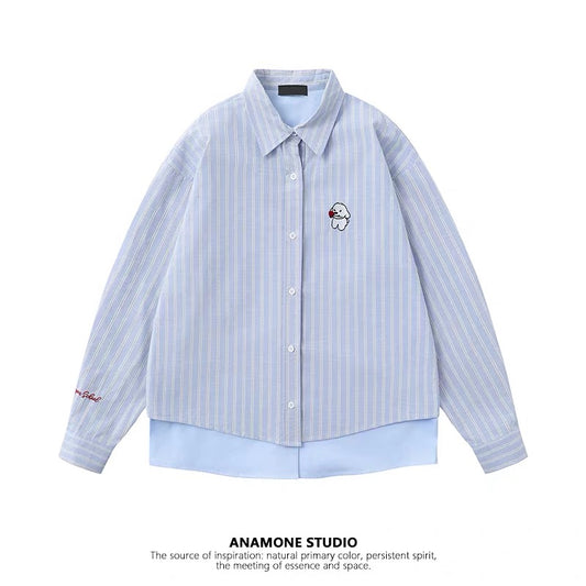 ANAMONE American retro fake two-piece striped shirt women's 2025 spring design interesting long-sleeved shirt