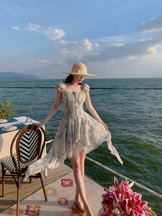 PartyYan Sea Salt Smoothie French Floral Irregular High-Quality Temperament Seaside Vacation Travel Photography Dress for Women
