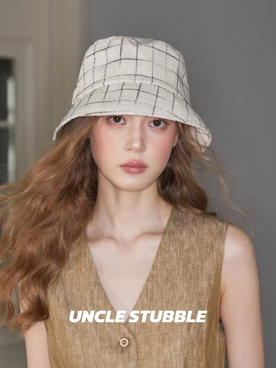 Japanese style cotton and linen fisherman's hat, summer breathable, sun-shading, UV-protective hat, plaid elegant women's hat, sun protection bucket hat.