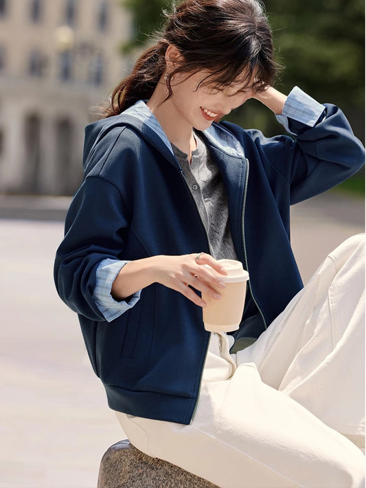 XWI Xinwei contrast color stitching plaid hooded sweater jacket female autumn MIU series intellectual style thin top