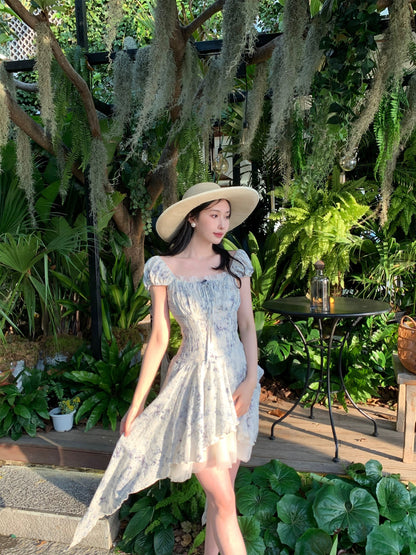 PartyYan Sea Salt Smoothie French Floral Irregular High-Quality Temperament Seaside Vacation Travel Photography Dress for Women