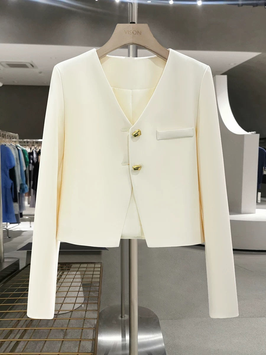Off-white French simple short suit jacket for women 2024 new spring and autumn high-end texture suit top trend