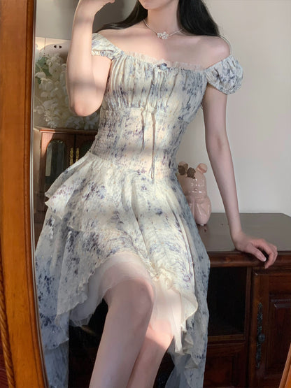 PartyYan Sea Salt Smoothie French Floral Irregular High-Quality Temperament Seaside Vacation Travel Photography Dress for Women