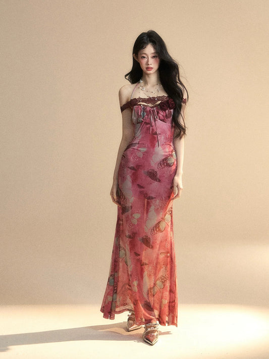 Shao Ye Yan Tasha Garden One-shoulder French lace halter neck dress female summer waist slim backless long dress