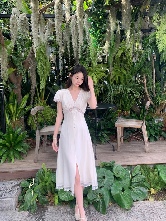 PartyYan White Moonlight French First Love Lace White Dress Women's Waist Sweet and Fresh Chiffon Women's Summer