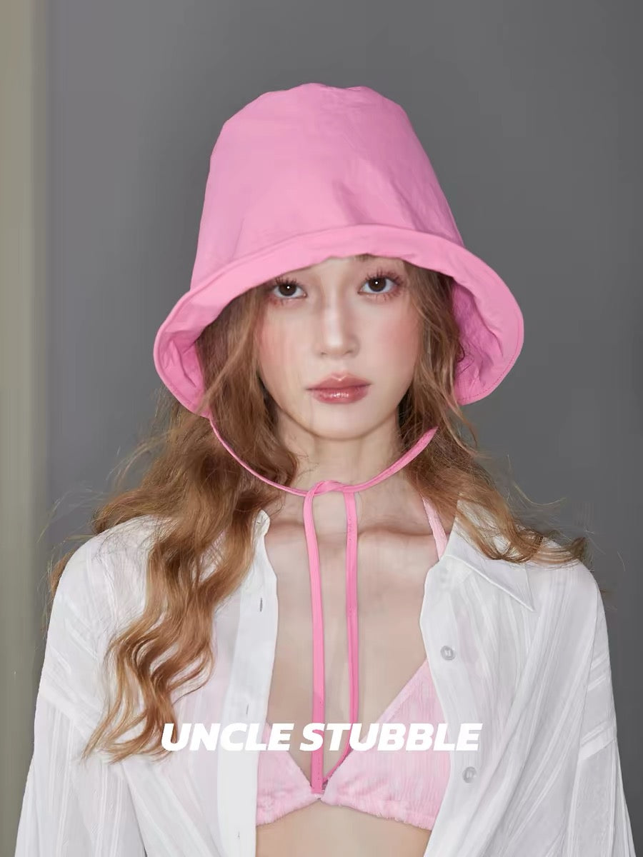 Women's fashionable rose red face-covering bucket hat, sun protection and UV protection hat, thin summer sun hat.