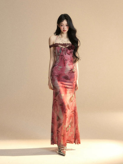 Shao Ye Yan Tasha Garden One-shoulder French lace halter neck dress female summer waist slim backless long dress