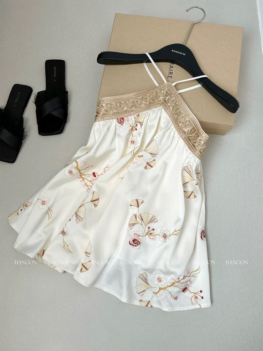 BANGONI INS Retro New Chinese Embroidery Halter Vest Romantic Relaxed Holiday Style Top