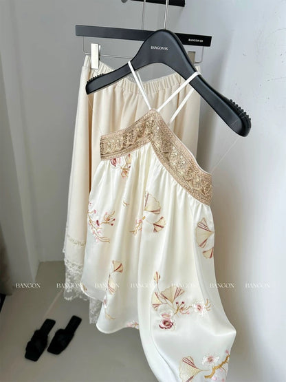 BANGONI INS Retro New Chinese Embroidery Halter Vest Romantic Relaxed Holiday Style Top
