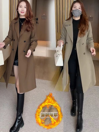 Women's 2023 new winter style velvet and thickened windbreaker jacket, Western-style mid-length waist-warming over-the-knee coat trend