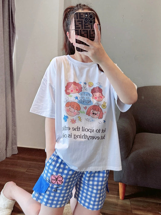 Sweet cartoon plaid pajamas for women summer 24 new pure cotton short-sleeved shorts thin home clothes set can be worn outside