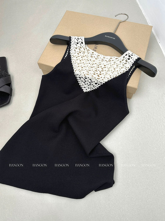 BANGON INS hollow contrast color stitching fake two-piece camisole celebrity temperament high-end versatile top