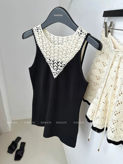 BANGON INS hollow contrast color stitching fake two-piece camisole celebrity temperament high-end versatile top
