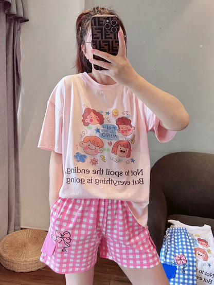 Sweet cartoon plaid pajamas for women summer 24 new pure cotton short-sleeved shorts thin home clothes set can be worn outside