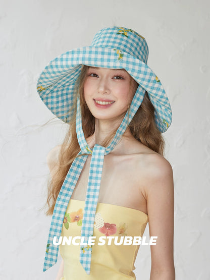 14cm wide brim sun hat, fresh and youthful plaid fisherman hat for spring and summer, beach tie-up sun protection hat.