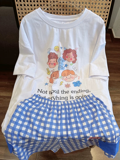 Sweet cartoon plaid pajamas for women summer 24 new pure cotton short-sleeved shorts thin home clothes set can be worn outside