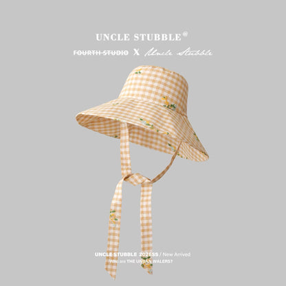 14cm wide brim sun hat, fresh and youthful plaid fisherman hat for spring and summer, beach tie-up sun protection hat.