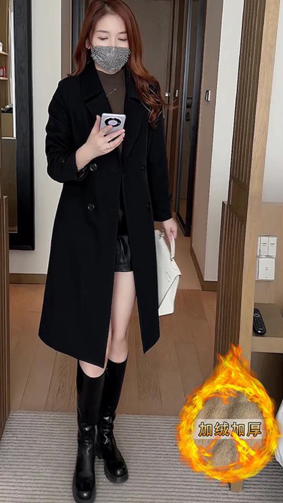 Women's 2023 new winter style velvet and thickened windbreaker jacket, Western-style mid-length waist-warming over-the-knee coat trend