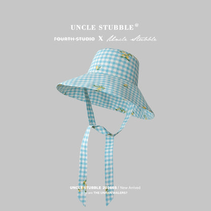 14cm wide brim sun hat, fresh and youthful plaid fisherman hat for spring and summer, beach tie-up sun protection hat.