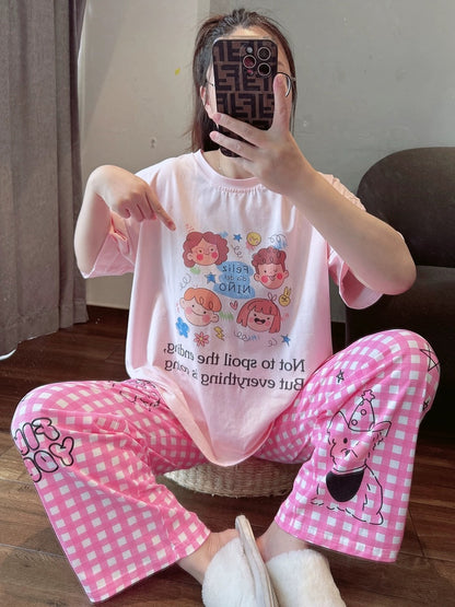 Sweet cartoon plaid pajamas for women summer 24 new pure cotton short-sleeved shorts thin home clothes set can be worn outside