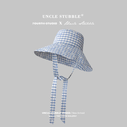 14cm wide brim sun hat, fresh and youthful plaid fisherman hat for spring and summer, beach tie-up sun protection hat.