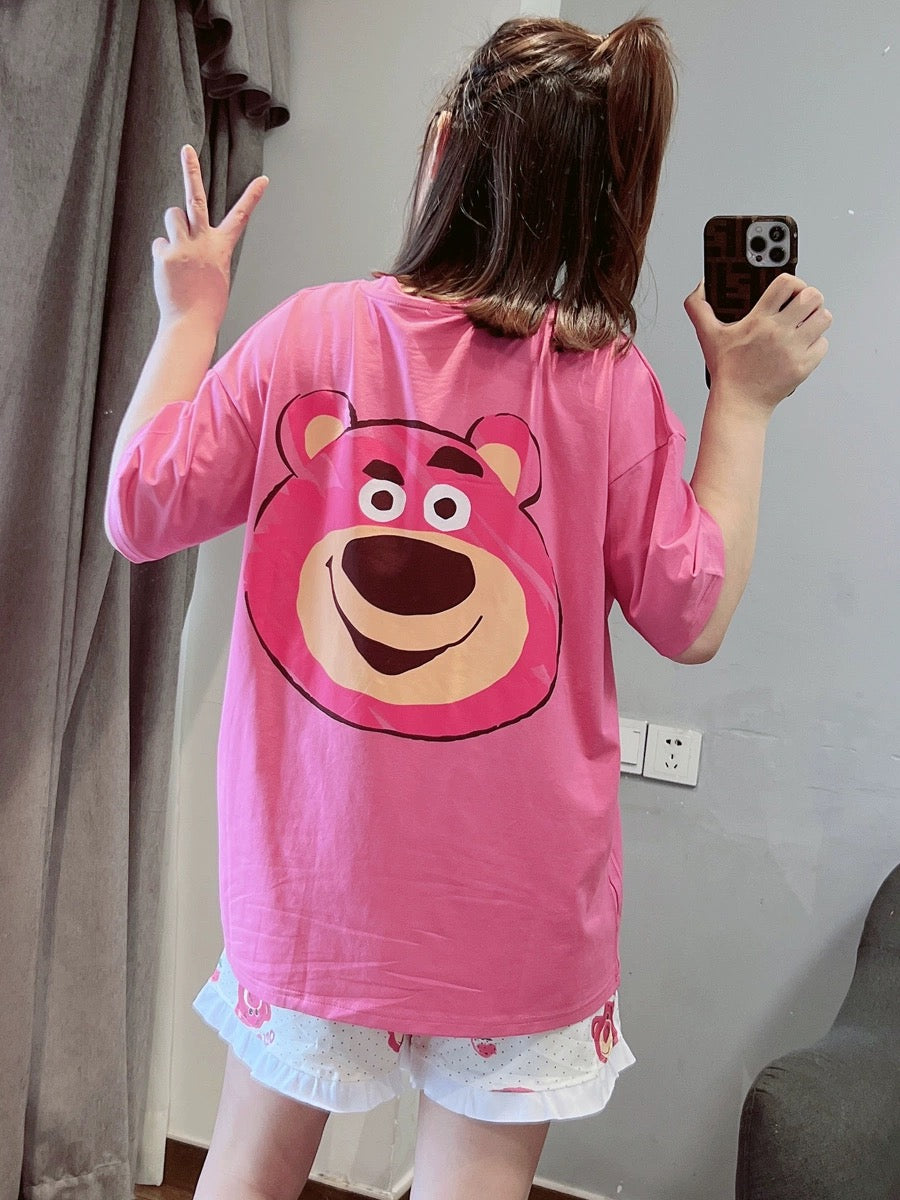 Sweet bow bear pajamas for women, summer short-sleeved shorts, casual cotton home clothes set, can be worn outside